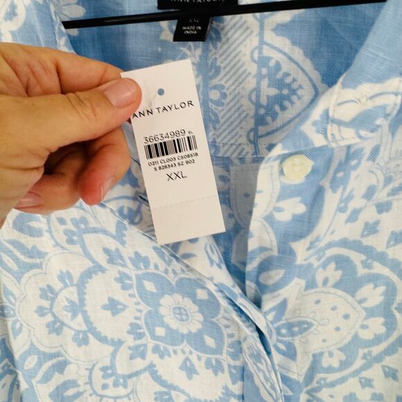 Ann Taylor 100% Linen Blue White Paisley Button Down Shirt NWT Size XXL - Picture 4 of 6